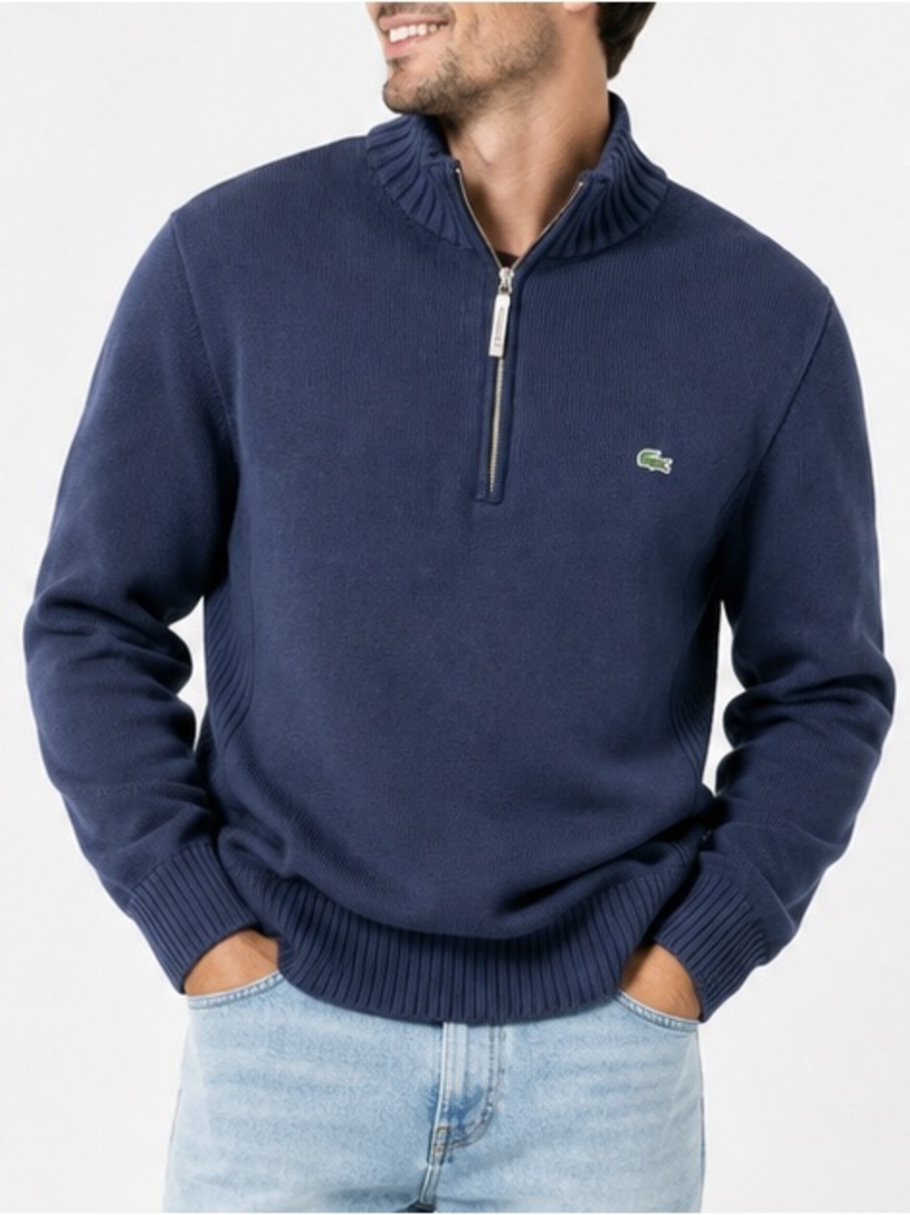 Lacoste Men’s Navy Quarter Zip Cotton Knit Sweater Size 6 (XL)